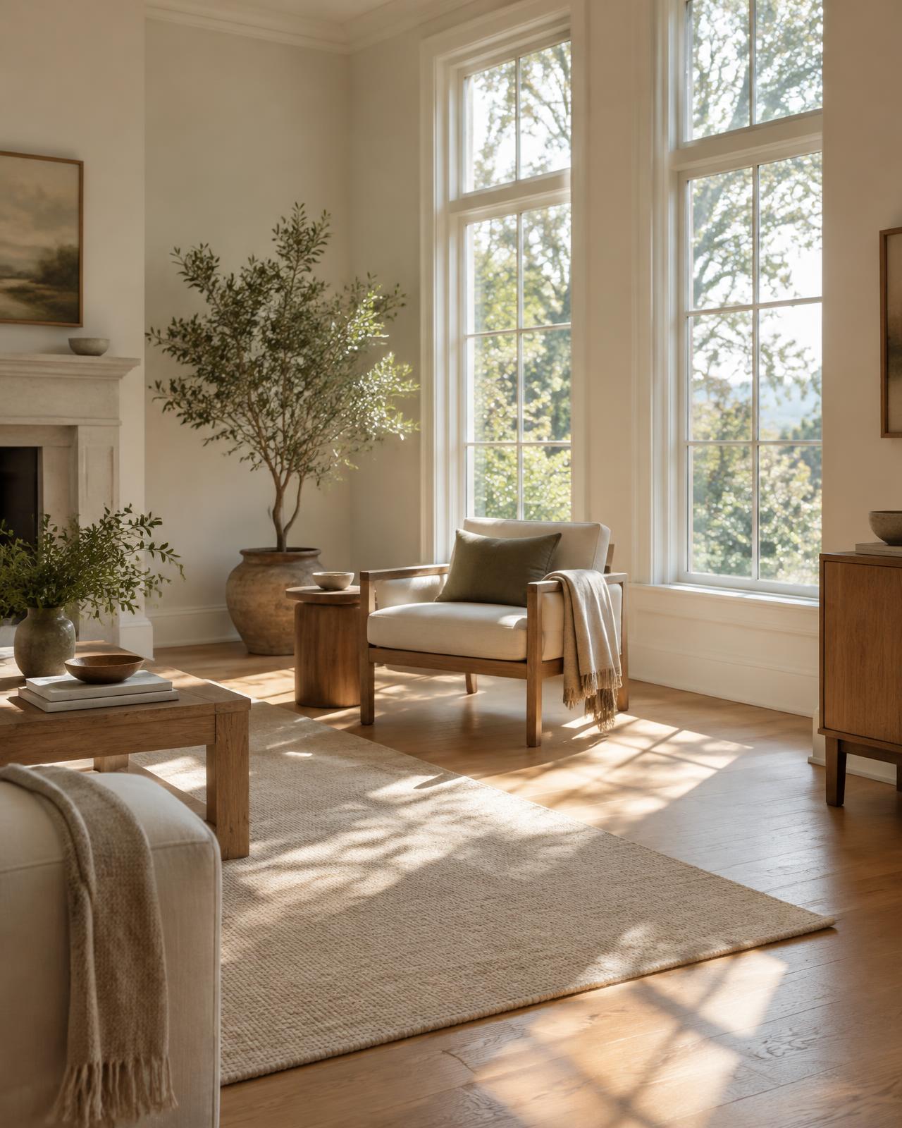 A quiet, sunlit living room with tall windows
